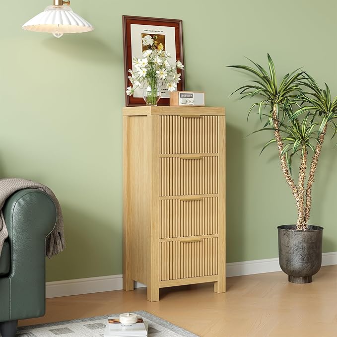 Mid-Century Modern Tall Wooden Dresser with 8 Spacious Drawers, Entryway Storage Chest with Smooth Metal Handles, Bedroom Clothes Organizer for Entryway, Office, and Small Spaces, Natural X2
