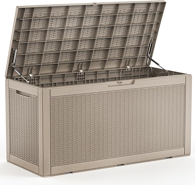 100 Gallon Deck Box,Resin Outdoor Storage Box with Lockable for Patio Furniture, Pool Accessories, Garden Tools Waterproof Outside Storage Box, Grey Pattern
