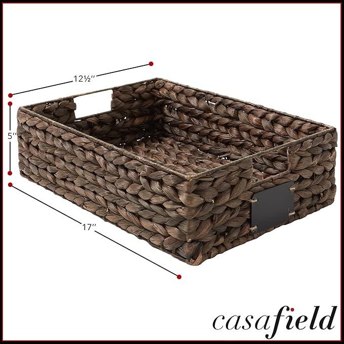 Casafield Set of 4 Water Hyacinth Pantry Baskets, 12-1/2" x 17" x 5", with Chalkboard Labels and Chalk Marker - Espresso, Woven Storage Bin Organizers for Kitchen Shelves