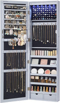 SONGMICS 6 LEDs Mirror Jewelry Cabinet, 47.2-Inch Tall Lockable Wall or Door Mounted Jewelry Armoire Organizer with Mirror, 2 Drawers, Christmas Gift, 3.9 x 14.6 x 47.2 Inches, Gray