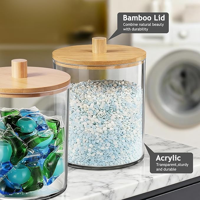 SheeChung 4 Pack 50 Oz Large Apothecary Jar with Bamboo Lid, Laundry Pods Container, Storage Jars for Bathroom Organization, Plastic Canisters with Cute Stickers Spoons(Natural)