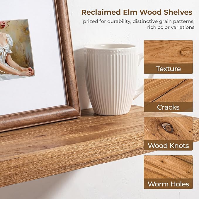 Axeman Floating Shelves for Wall - 40''W x 8'' D Rustic Solid Elm Wood Shelves for Storage, Wall Mounted Display Shelving with Invisible Heavy-Duty Metal Bracket (Natural, 2PCs)