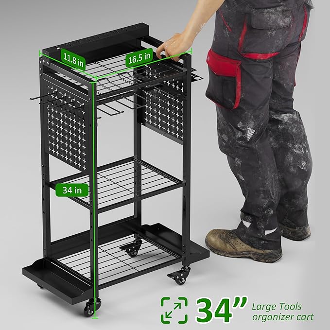 Power Tool Organizer Rolling Cart with Charging Station, Garage Floor Stand Rolling Tool Storage Rack with Charging Power Strip, Garage Storage Heavy Duty Utility Shelf with Wheels