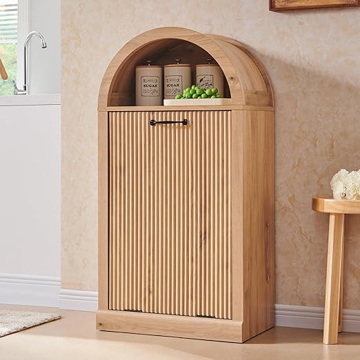 Arched Tilt-Out Trash Can Cabinet, Fluted 10 Gallon Trash Can Cabinet Set of 2, Modern Laundry Hamper, Hidden Garbage with Storage Basket for Kitchen, Living Room, Natural