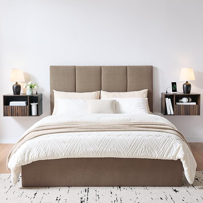 Modern Walnut Fluted Floating Nightstand with Charging Station, NightStand with Drawers, Bedside with USB Ports and Outlets, Bedroom Furniture (Left)