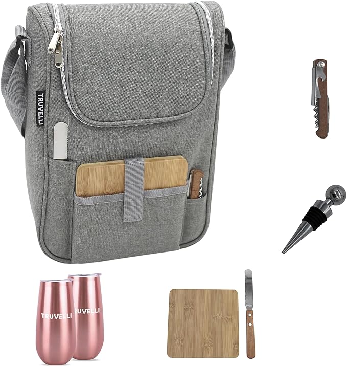 Truvelli Insulated Wine Tote Bag: Portable 2 Bottle Cheese Waterproof Black Canvas Carrier Picnic Kit - Stopper Attachment, Plus Wooden Charcuterie Board