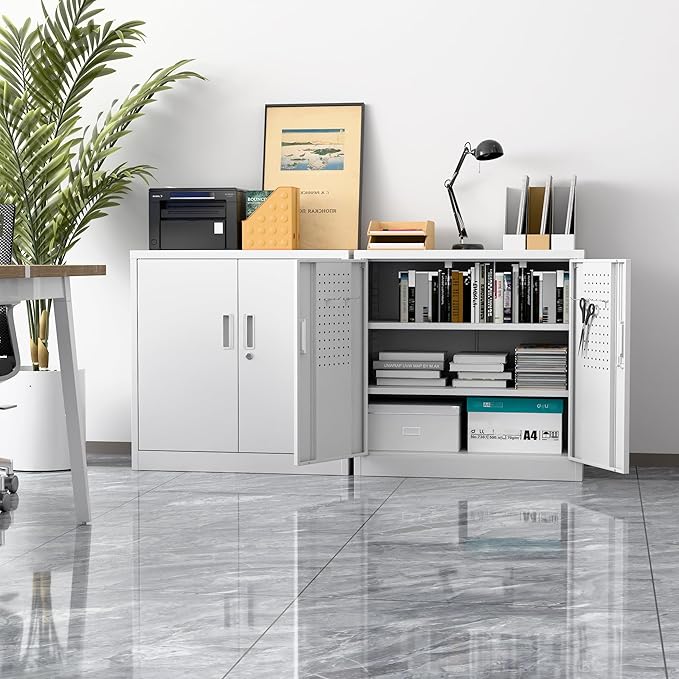 SUXXAN Metal Storage Cabinet with Pegboard 31.5'' x 31.5'' x 16.5'',Lockable Rolling Steel Storage Cabinet with 5 Adjustable Shelves and Door for Garage, Office, Kitchen, Assembly Required(White)