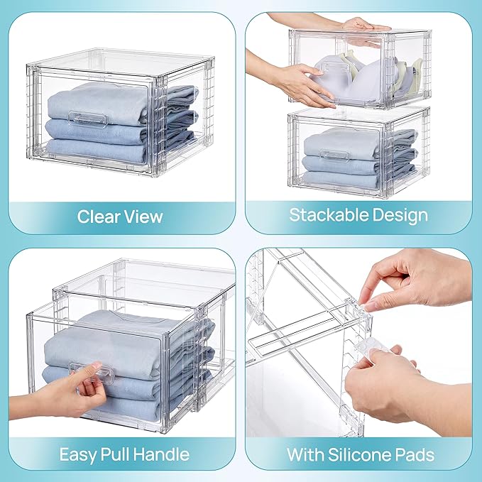Vtopmart 3 Pack 18QT Clear Stackable Storage Drawers,Easily Assemble Closet Organizers,Plastic Storage Bins for Bathroom,Cabinet,Kitchen Pantry,Under Sink Organization(Medium)