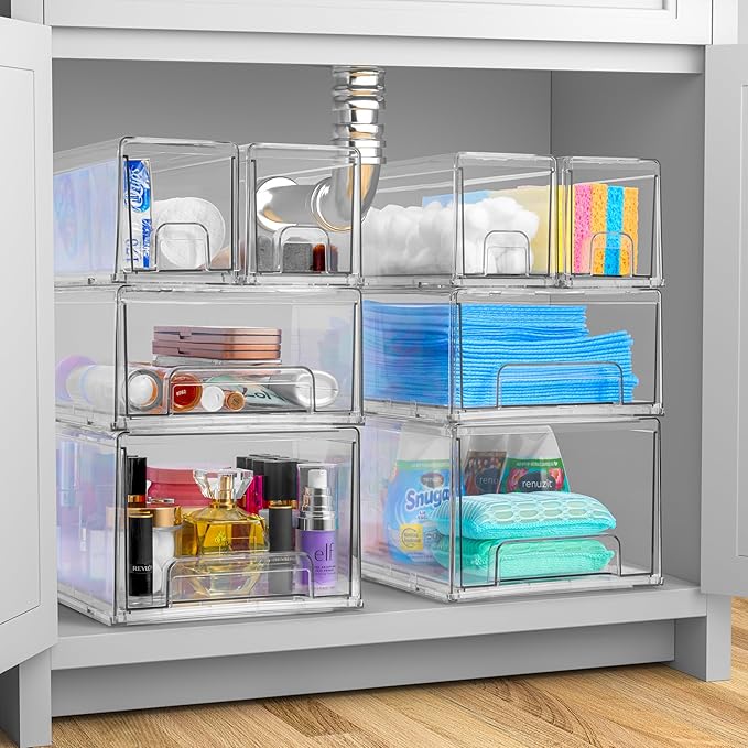 Sorbus Small Clear Stackable Storage Drawers – 6-Pack Plastic Organizer Bins with Handles – Stackable Pull-Out Storage Drawers for Closet, Pantry, Office, Bathroom, Craft, and Toy Organization