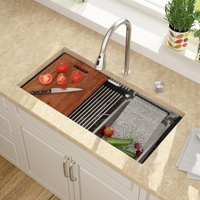 Lordear 33" Undermount Waterfall kitchen Sink - Undermount Kitchen Sink Stainless Steel16 Gauge Single Bowl Ledge Workstation Handmade Under Counter Smart Kitchen Sink 33 Inch