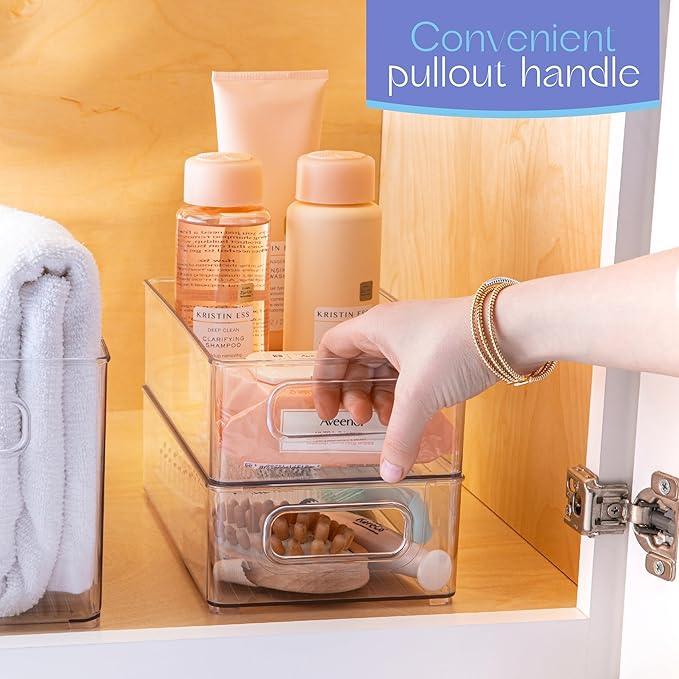 primebox 2 Pack Clear Plastic Organizing Container with Integraged Handles for Home Organization for Kitchen, Pantry, Fridge, Freezer, Cabinet,Bathroom, Playroom, Stackable. 10"x6"x3"