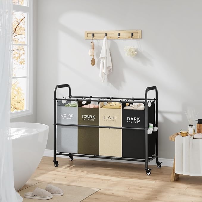 Tajsoon 4 Bag Laundry Sorter Cart, 4 Section Laundry Hamper Sorter with Heavy Duty Lockable Rolling Wheels, Laundry Separator Hamper with Removable Bags for Dirty Clothes Storage, 4 Colors