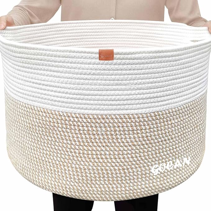 Large Laundry Basket Toy Storage Blanket Basket Woven Cotton Rope Baskets with Handles for Living Room (Brown/Beige) XXXL