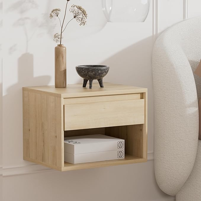 Floating Nightstand Set of 3, Wall Mounted Bedside Table with Storage Drawer and Open Shelf, Modern Night Stand withHandless Design for Living Room, Bedroom, Dorm, Light Oak