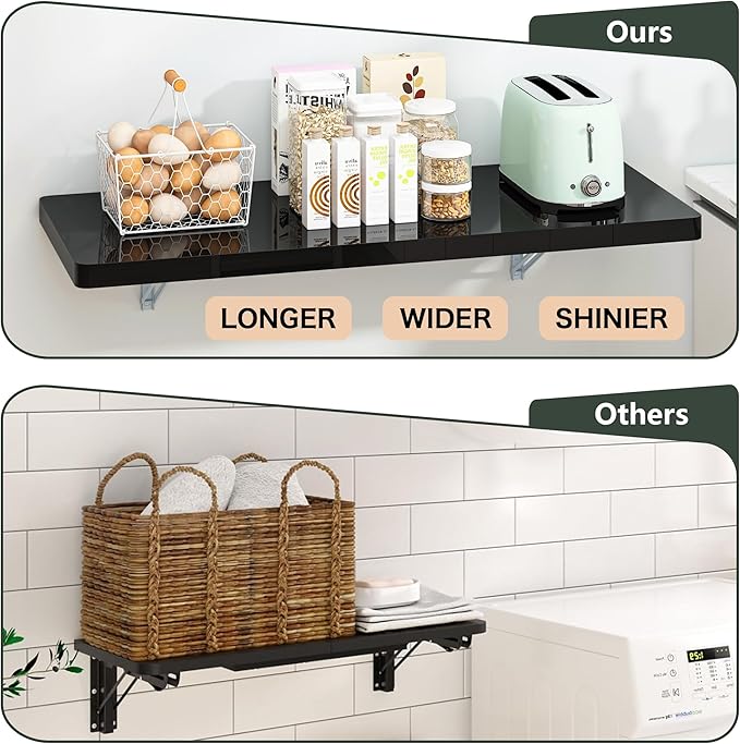 Clikuutory Black Wall Mounted High Gloss Folding Table 23.6" L x 15.7" W, Laundry Folding Table for Laundry Room, Home Office, Kitchen, Bedroom, Home Bar, Wall Desk Fold Down for Small Spaces