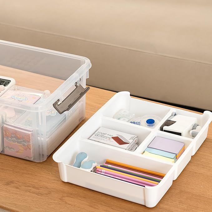 17 Quart Plastic Storage Box with Removable Tray Caddy Clear Art Supply Craft Organizers Playroom Container Organizer with Lid for Bead Crayon Tool Sewing Playdoh