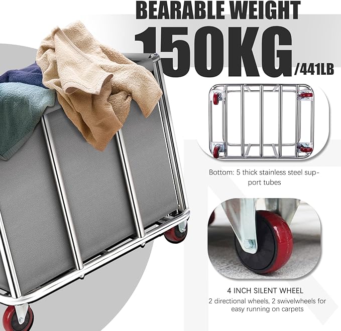 Commercial Laundry Cart on Wheels, 11.35 Bushels Large Laundry Roller, Heavy Duty Stainless Steel, Gray-10