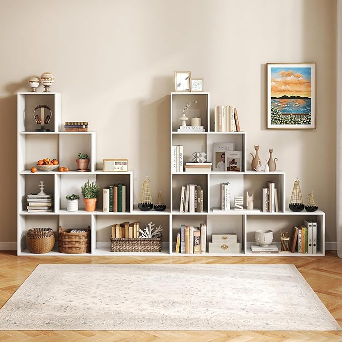 Tangkula 4-Tier Stepped Bookshelf, Freestanding 6 Cubes Ladder Bookcase with Anti-Tipping Kits, 64" Tall Modern Wooden Storage Display Rack for Home Office Living Room Study (2, White)