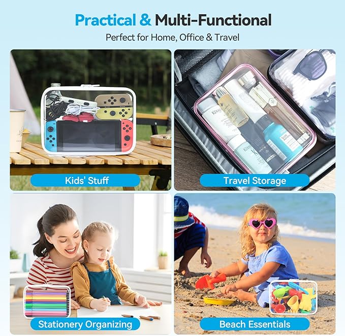 3Pcs Clear Zipper Pouches, White BIiss Plastic Bins for Organizing, Hard Clear Hard Shell Zipper Case Makeup Bag & Travel Organizer for Home Storage Cosmetics, Puzzles, 10 x 8 x 2.4 Inch
