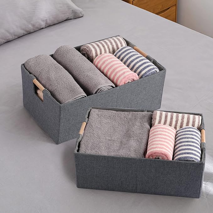 Fabric Storage Bin 3 Pack Foldable Cotton Linen Storage Basket with Wooden Handles Rectangular Cube Box - Gray, Large