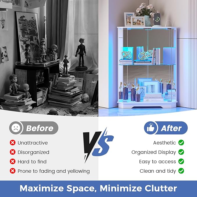Corner Display Cabinet Set of 2 with Glass Doors, Small Display Case with 3-Color LED Lights and Charging Station, 2-Tier Curio Cabinet with Storage and Shelf, White