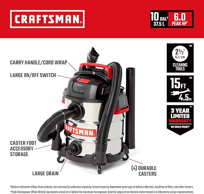 CRAFTSMAN CMXEVBE17155 10 Gallon 6.0 Peak HP Stainless Steel Wet Dry Vac, Portable Shop Vacuum Wet and Dry with Filter, Hose and Attachments for Home and Garage Use