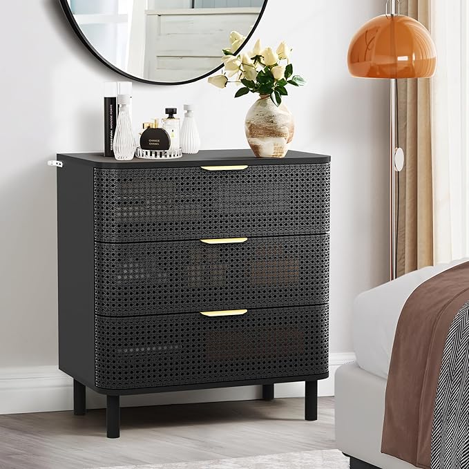 ORRD 3 Drawer Dresser Set of 2, Modern Iron Rattan Cabinet Dresser for Bedroom, Large Nightstand Accent Storage Chest of Drawers for Living Room, Bedroom - Black
