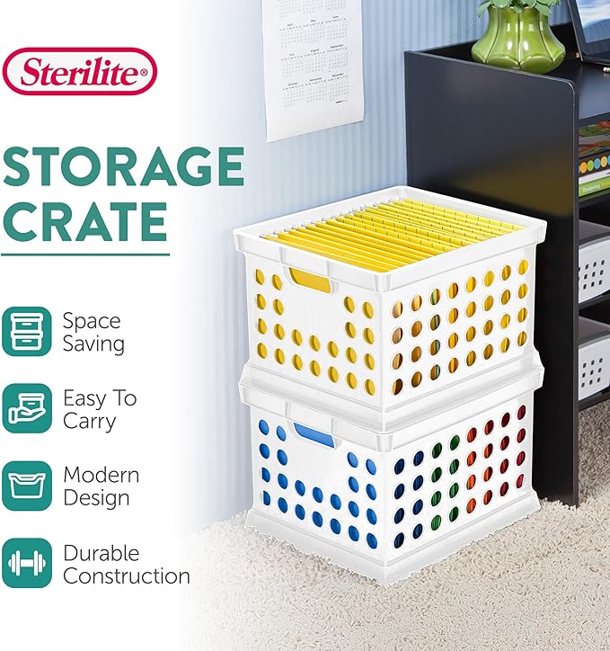 Sterilite Stackable Plastic Storage Crate Bin Organizer File Box with Handles for Home, Office, Dorm, Garage, or Utility Organization, White, 24-Pack