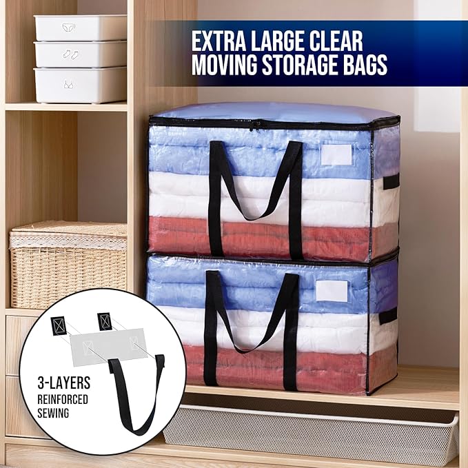 TAILI Extra Large Moving Bags, 6 Pack Clear Heavy Duty Totes for Storage with Visible Window, Wrap Around Handles, Storage Bags for Space Saving, Alternative to Moving Boxes