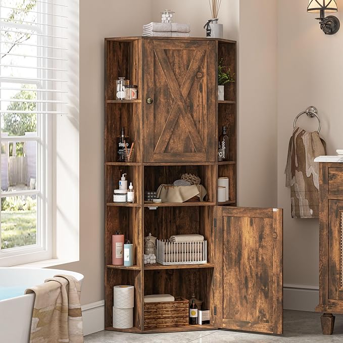 Farmhouse Corner Cabinet, Tall Corner Storage Cabinet with Barn Doors and Adjustable Shelves Wooden Display Bookshelf Pantry Cabinets Organizer Home Furniture for Bathroom, Living Room
