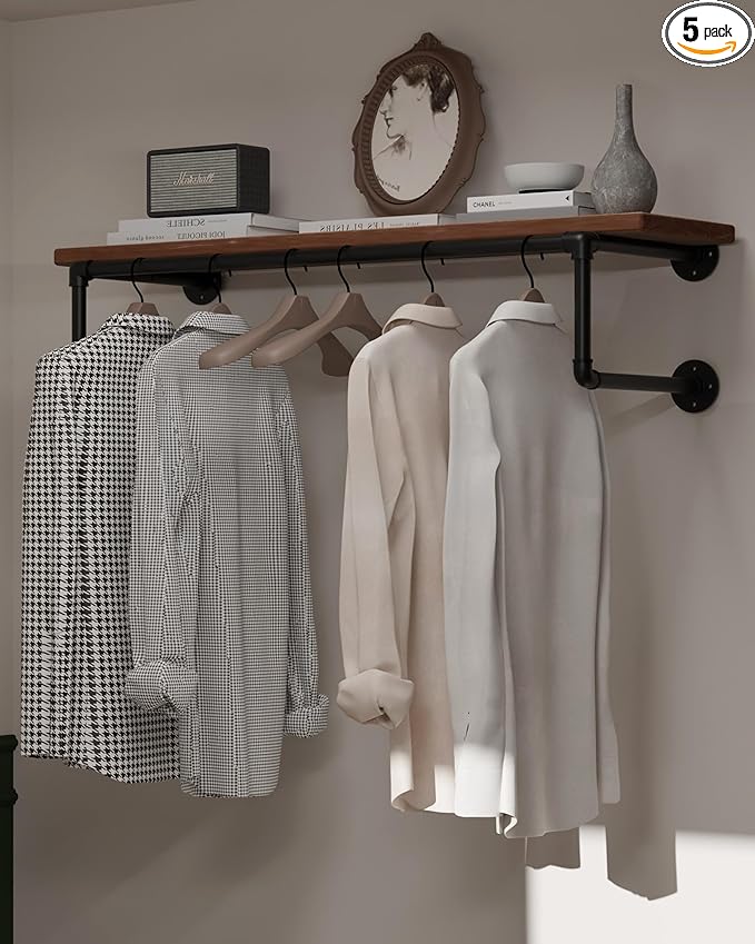 Clothes Rack 36in, Wall Mounted Garment Racks with Brown Real Wood Shelf, Heavy Duty Hanging Clothes Rack, Multi-Purpose Hanging Rod, Space-Saving Closet Storage