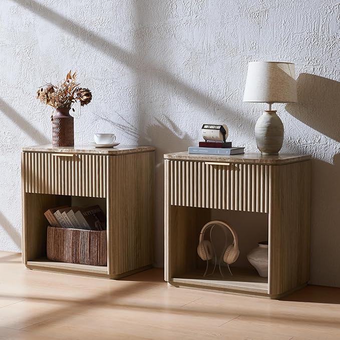 Fluted Nightstand Set of 2, Bedside Table with Faux Marble-Top, Engineered Wood Side Table with Drawer Open Shelf, Curved Corners, Modern Night Stand for Bedroom, Small Spaces, Natural Oak