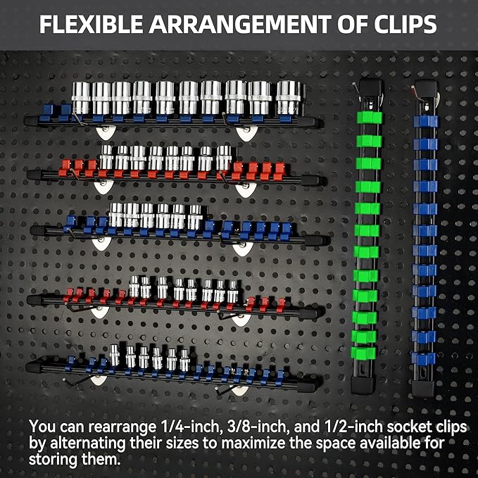 Socket Organizer Drive ABS Tools - Green Socket Holder, Premium Quality 18 Pieces Socket Holders Kit 1/4-Inch x 96 Clips, 3/8-Inch x 90 Clips, 1/2-Inch x 72 Clips（18PC,Green