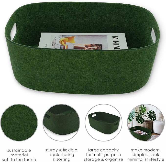 Welaxy Large Storage Basket Felt Open Desk Organize bin Shelf baskets with handles light weight carry for Magazines Books Junk Kids Toys Pet toy Clothes Laundry (Forest Green)