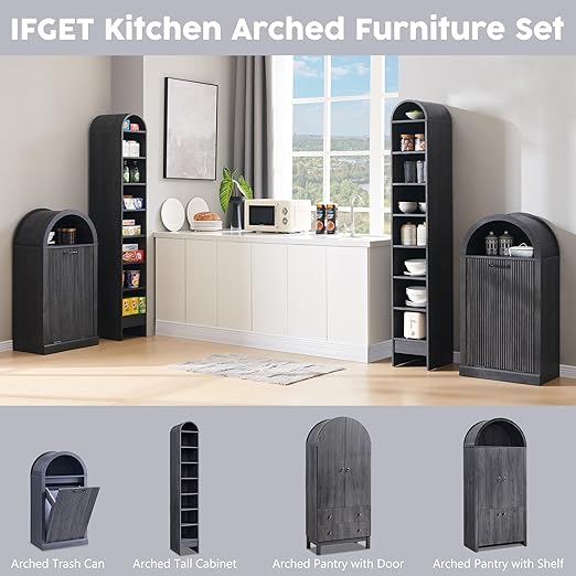 Arched Tilt-Out Trash Can Cabinet, Fluted 10 Gallon Trash Can Cabinet Set of 2, Modern Laundry Hamper Cabinet, Hidden Garbage Can with Storage Basket for Kitchen, Living Room, Dark Grey