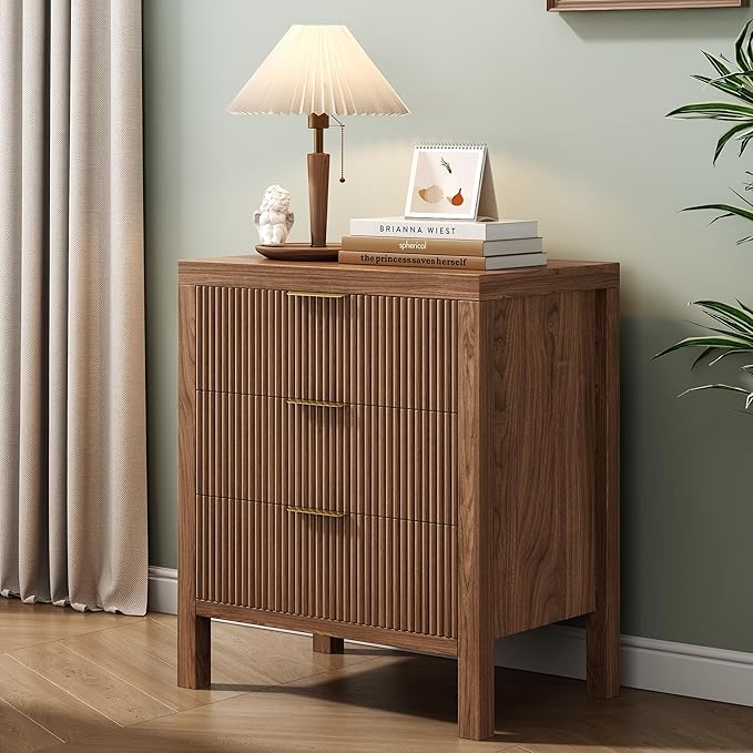 3 Drawer Dresser for Bedroom, Modern Wooden Chest with Handles, Fluted Dresser with Wide Drawers and Bearing Slide for Hallway, Entryway, Walnut