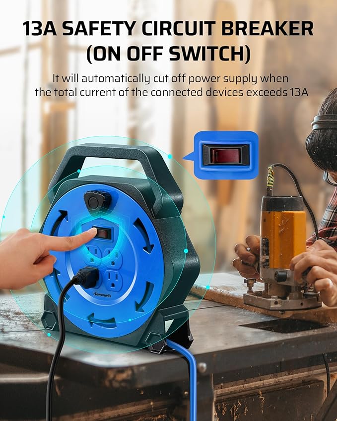 DEWENWILS Extension Cord Reel with 25 FT Power Cord, Hand Wind Retractable, 16/3 AWG SJTW, 4 Grounded Outlets, 13 Amp Circuit Breaker, Blue, Blue Cord, UL Listed