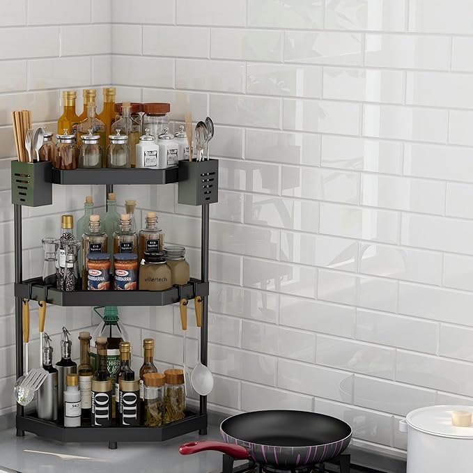 Kitchen Corner Shelf Countertop 3 Tier Bathroom Counter Organizer Cabinet Corner Storage Shelf Spice Rack Makeup Organizer Under Sink Black