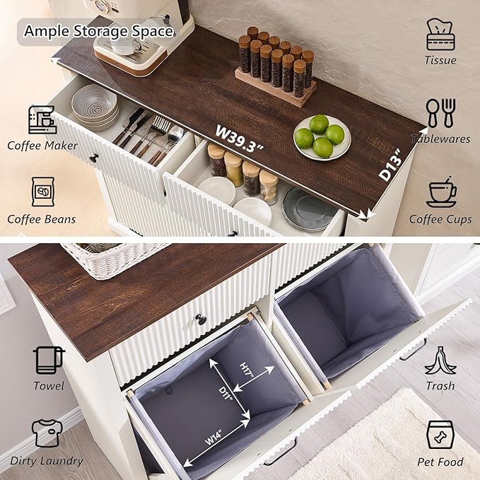 Modern Double Tilt-Out Laundry Hamper Cabinet, 20 Gallon Fluted Trash Can Cabinet w/2 Drawers, Wooden Hidden Garbage Can Cabinets with Laundry Basket, for Bathroom and Kitchen, Antique White