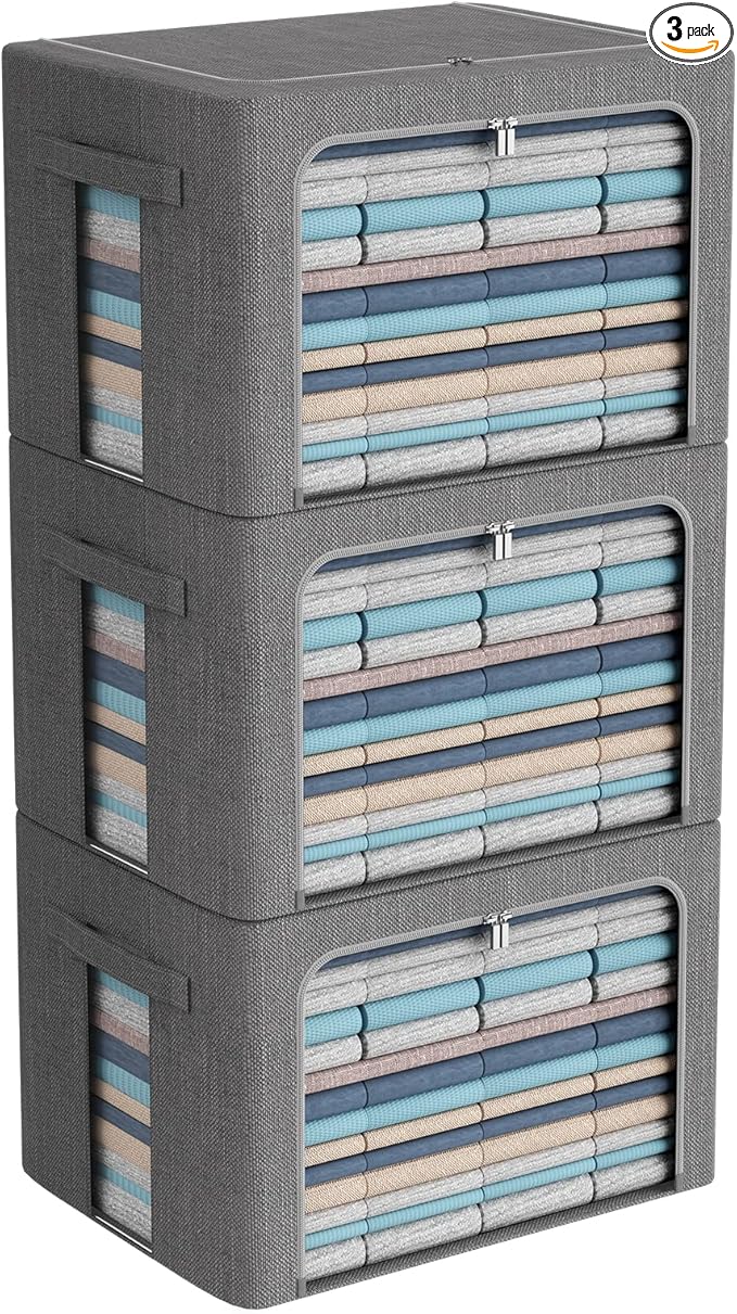 CYhom 3Pack Foldable Storage Bins - Frame Storage Box Linen Fabric Stackable Clothes Container Organizer with Clear Window & Carry Handles Large Capacity (Extra Large-100L, Dark Gray)
