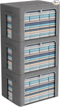 CYhom 3Pack Foldable Storage Bins - Frame Storage Box Linen Fabric Stackable Clothes Container Organizer with Clear Window & Carry Handles Large Capacity (Extra Large-100L, Dark Gray)