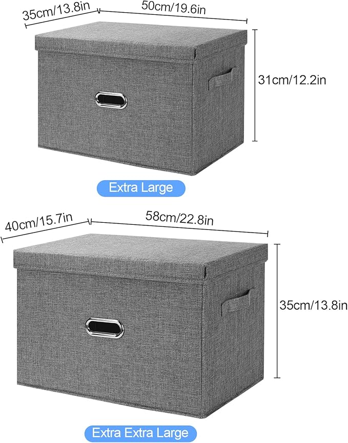 Large Linen Fabric Foldable Storage Bins with Removable Lid and Handles, Washable Storage Box Organizer Containers Baskets Cube with Cover for Bedroom,Office(Black, XXL)
