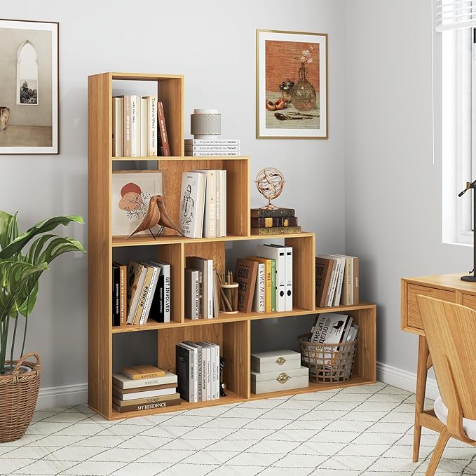 Tangkula 4-Tier Stepped Bookshelf, Freestanding 6 Cubes Ladder Bookcase with Anti-Tipping Kits, 64" Tall Modern Wooden Storage Display Rack for Home Office Living Room Study (1, Natural)