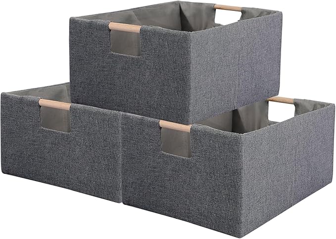 Fabric Storage Bin 3 Pack Foldable Cotton Linen Storage Basket with Wooden Handles Rectangular Cube Box - Gray, Medium