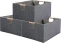 Fabric Storage Bin 3 Pack Foldable Cotton Linen Storage Basket with Wooden Handles Rectangular Cube Box - Gray, Large