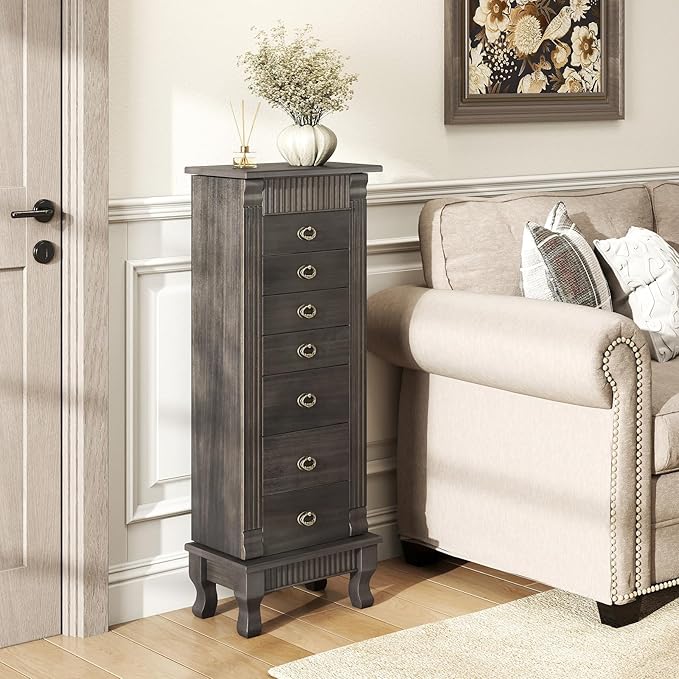 Giantex Standing Jewelry Cabinet with 7 Drawers, Flip-Top Mirror, 2 Side Doors with 12 Necklace Hooks, Divided Ring Compartments, Velvet-Lined Jewelry Armoire Organizer Chest (Weathered Gray)