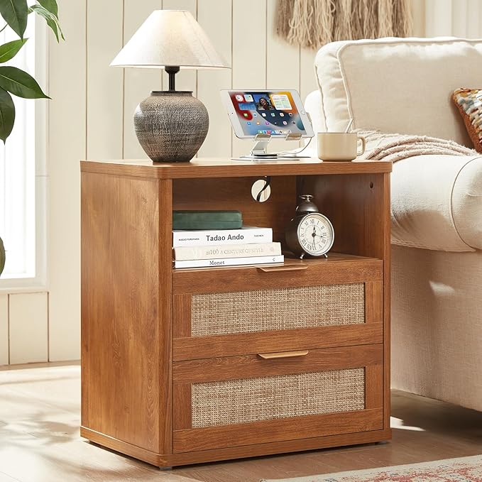 LEYAOYAO Rattan Nightstands Set of 2 with Charger Station, 23" Wide Boho Night Stand with 2 Drawers, Natural Wood Bedside Table Open Shlef, Bed Side End Table Dresser for Bedroom, Living Room Hallway