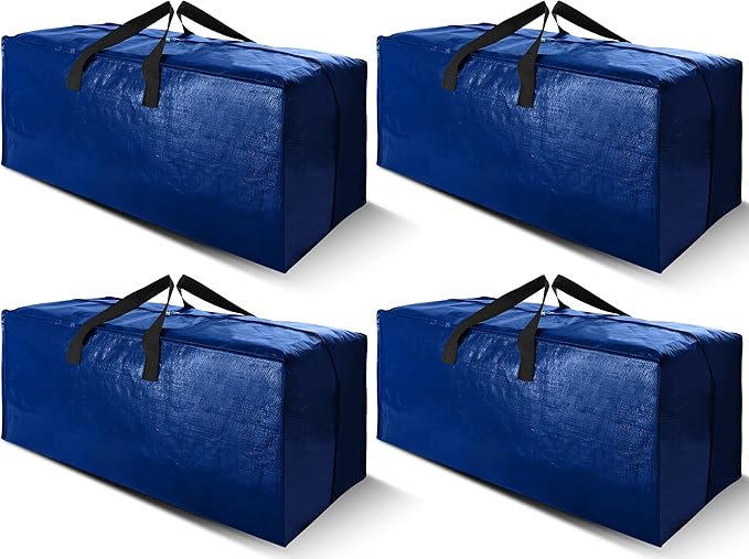 Cosy Family 4 Pack Heavy Duty Extra Large Moving Bags with Backpack Straps - Strong Handles & Zippers, Storage Totes For Space Saving, Fold Flat, Alternative to Moving Box (X-Large-Set of 4, Blue)
