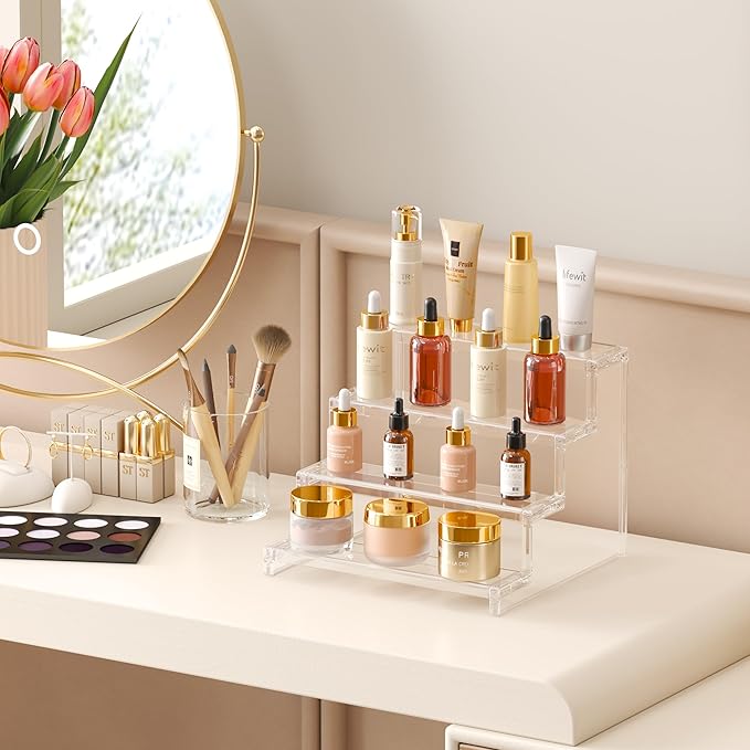 Lifewit 4 Tier Perfume Stand Organizer for Women, Plastic Display Riser, Tool-Free Assembly, Fragrance Makeup Cosmetics Shelf for Vanity Bedroom Bathroom Storage Organization, Clear, 9 Inch, 2 Pcs