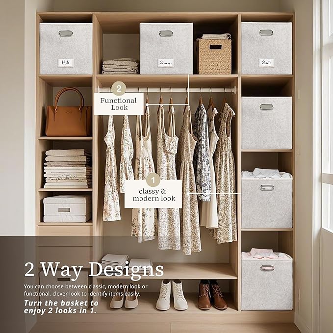 DECOMOMO Felt Storage Bins 13x15x13 Storage Cube Bins with Labels, Baskets for Organizing Shelves (Kallax / 4pcs, Beige)